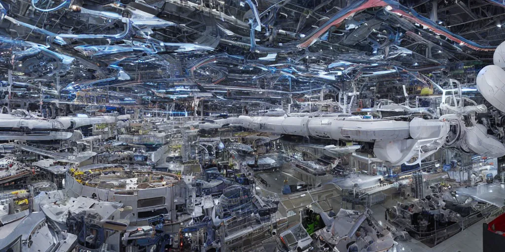 Prompt: 2 0 2 2 photo of a space x starship factory with lots of spaceships and boosters being built by robots, sparks and smoke, wet puddles reflecting