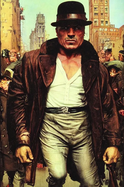 Prompt: full length portrait of mariusz pudzianowski as a huge hulking marvel gangster wearing a leather trench coat walking beside gangsters on street pre war new york, by lawrence alma tadema and zdzislaw beksinski and norman rockwell and jack kirby and tom lovell and greg staples and michael alford