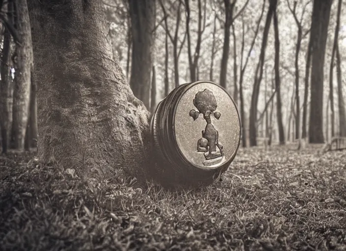 Image similar to old retro burnt out sepia photograph with scratches of an old and wrinkled man biting into a golden coin with his teeth. magical forest in the background with bokeh. Antique. High quality 8k. Intricate. Sony a7r iv 35mm. Award winning.