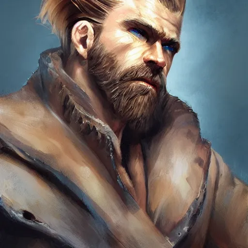 Image similar to portrait of a muscular, grim, ponytail haired blonde man in his late 30's, wearing a thick brown leather coat, looking to his side, scarred face, some beard, blue eyes, hunter, DnD character, fantasy character, digital art by Ruan Jia, Krenz Cushart, Rossdraws and Boris Vallejo