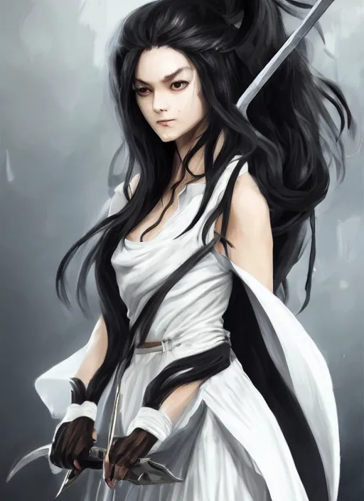 Prompt: a highly detailed illustration of fierce messy ponytail black haired one armed!!! delinquent woman wearing long white tokkoufuku cape, dramatic wielding sword pose, muscular, intricate, elegant, highly detailed, centered, digital painting, artstation, concept art, smooth, sharp focus, league of legends concept art, wlop.