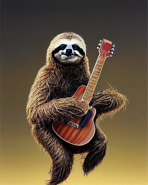 Prompt: realistic bipedal sloth, long airy fur, playing a guitar, hoodie cloak based on rooster feathers, painting style by, noriyoshi ohrai, archibald thorburn, stylized, ornately detailed, chromatic aberration