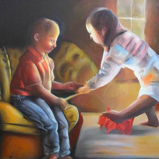 Prompt: Random act of kindness, oil on canvas, art, highly detailed