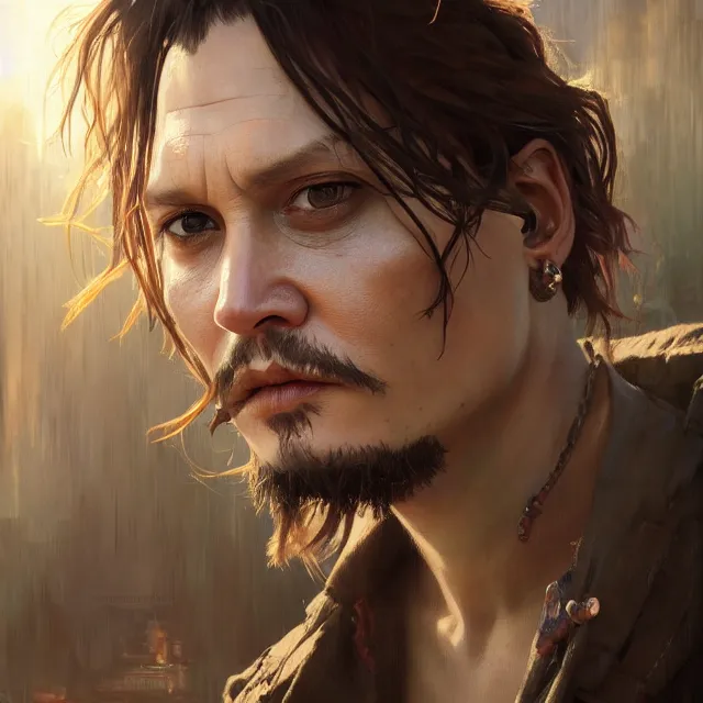 Prompt: 1 wlop and krenz cushart and alfons mucha detailed close portrait digital concept, johnny depp in a post apocalyptic world, sunbeam, unreal engine, hyperrealism, cinematic composition, blender render, octane render, hdr, detailed textures