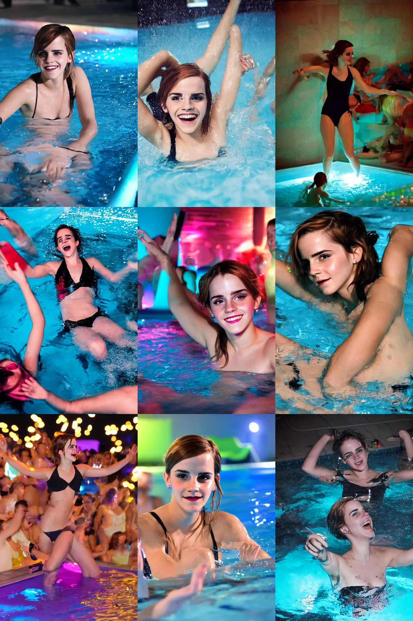 Prompt: a photo of a drunk emma watson having fun in a pool party in a modern indoors pool with cyberpunk illumination at night.