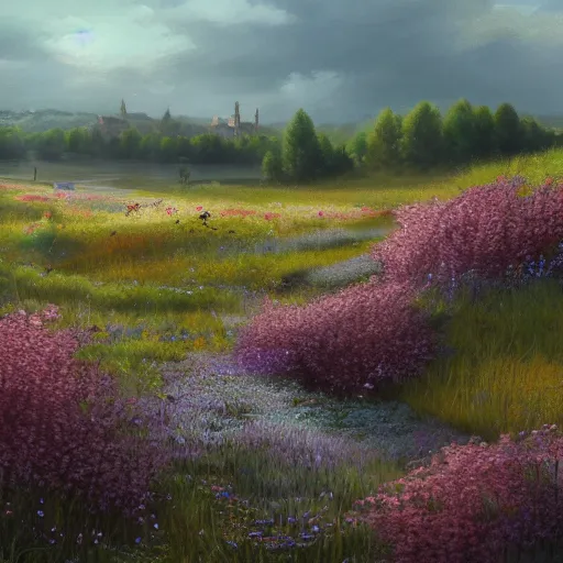 Prompt: a matte painting of a european prairie, cottage town, patchy flowers, oil painting, pale colors, high detail, 8 k, wide angle, trending on artstation,