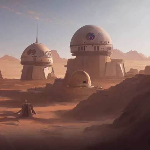 Prompt: star wars concept art of tatooine by greg rutkowski, cinematic lighting, evening light, nostalgic atmosphere.