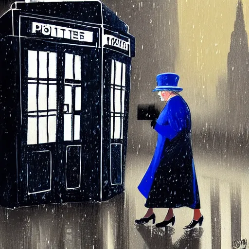 Prompt: Queen Elizabeth II stepping out of the Tardis on a dark rainy London street, highly detailed, digital painting, artstation, concept art, smooth, sharp focus