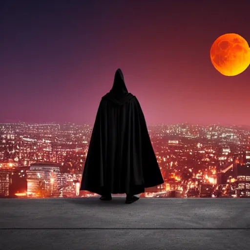 Prompt: an assasin in black cloak gazing over the city on a rooftop, blood moon