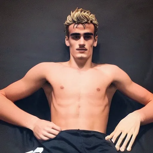 Image similar to “ a realistic detailed photo of a guy who is an attractive humanoid who is half robot and half humanoid, who is a male android, soccer player antoine griezmann, shiny skin, posing like a statue, blank stare, on the bed, on display ”