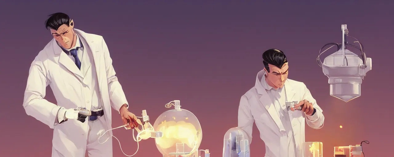 Image similar to stoic heroic emotionless butch young man scientist with short slicked - back hair, making an experiment - wearing white suit, wearing jetpack, digital art, rough paper, behance hd by jesper ejsing, by rhads, makoto shinkai and lois van baarle, ilya kuvshinov, rossdraws global illumination.