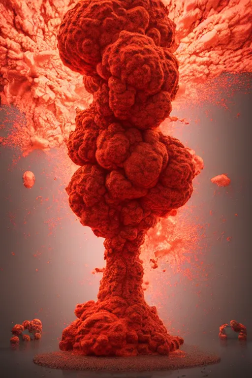 Prompt: sculpture made of coral exploding violently like nuclear blast exploding inside modern museum gallery, painting os on the wall, highly detailed, 3 d hyper realistic digital painting, artstation, concept art, smooth, sharp focus, illustration, art by ilja repin