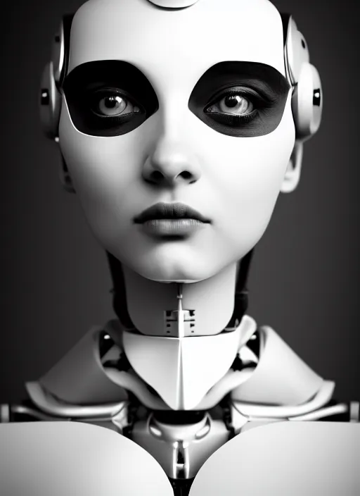 Image similar to surreal mythical dreamy dark artistic black and white fine art fashion portrait photo of a young beautiful delicate female metropolis robot loving the universe, spiritual, halo, glory, rim light, cinematic, studio dramatic light, poetic, masterpiece, octane render, 8 k, photo - realistic by william bouguereau man ray