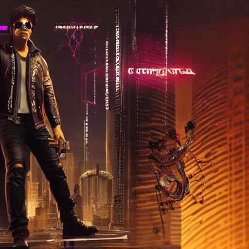 Prompt: full-frame of Shah Rukh Khan, wearing a brown leather-jacket, as a character from Cyberpunk 2077, looking at camera, intricate, sci-fi, extremely detailed, in the background cyperpunk-2077-city, concept art, artstation
