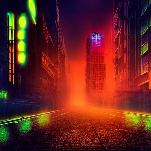 Prompt: city covered in fog with neon lights, dystopia, cyberpunk, digital art, award winning