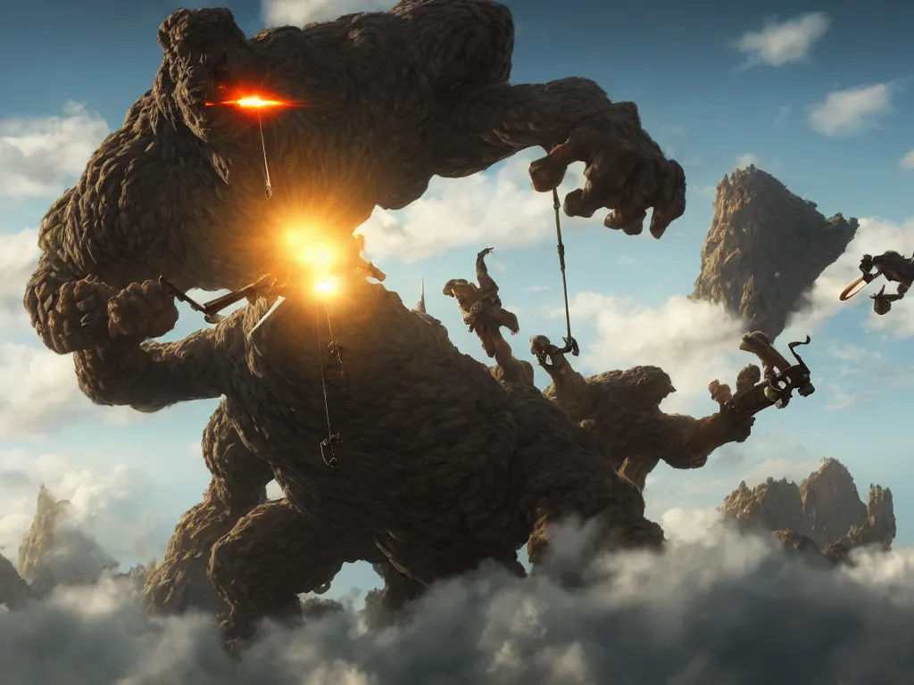 Prompt: great big giants swinging the weapons to the drop of a clouds from sky. fantasy, highlight scene of the movie, high quality, highly detailed 8 k, unreal engine 5, scene of myth, art by hiroaki samura and jiro matsumoto and yao wang from artstation