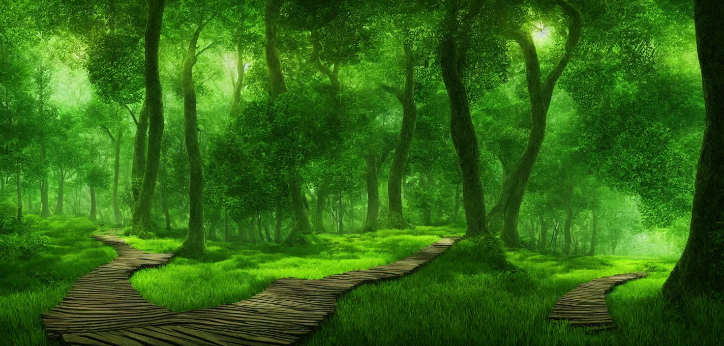 Image similar to a wooden path in the middle of a lush green forest octane render, a detailed matte painting by john eyre, shutterstock contest winner, art magical realism, enchanting, matte painting, mystical, vector style