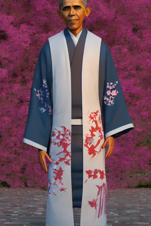 Image similar to full body 3d render of barack obama as an anime doll wearing a beautiful kimono, shinto shrine, blender, trending on artstation, 8k, highly detailed, bokeh, depth of field