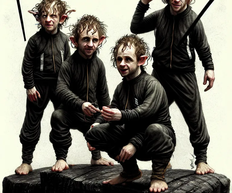 Prompt: dominic monaghan and billy boyd as hobbits squatting slavs in black adidas track suits with white stripes down the leg, caricature, highly detailed, digital painting, artstation, concept art, sharp focus, cinematic lighting, illustration, art by met mangindaan, artgerm and greg rutkowski, alphonse mucha, cgsociety