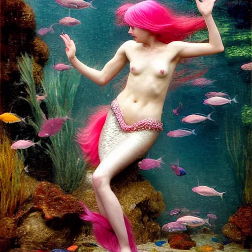 Prompt: impressionistic portrait of a pink haired mermaid banging on the glass cover of a public aquarium as a crowd watches in the style of john william waterhouse, Okinawa Churaumi Aquarium, spotlight - n 4