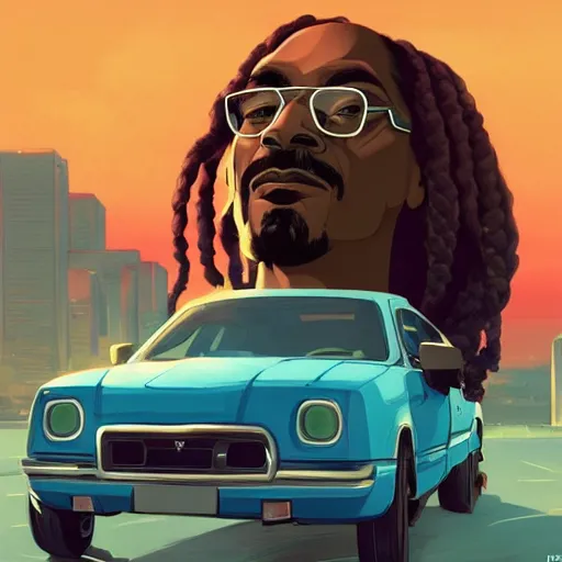 Image similar to snoop dogg driving, art gta 5 cover, official fanart behance hd artstation by jesper ejsing, by rhads, makoto shinkai and lois van baarle, ilya kuvshinov, ossdraws, and by feng zhu and loish and laurie greasley, victo ngai, andreas rocha, john harris