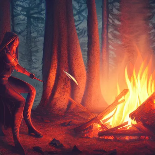 Image similar to malenia blade of miquella from elden ring near a camp fire, evening time, digital illustration, crisp details, highly detailed art, 8k image quality, full body camera shot