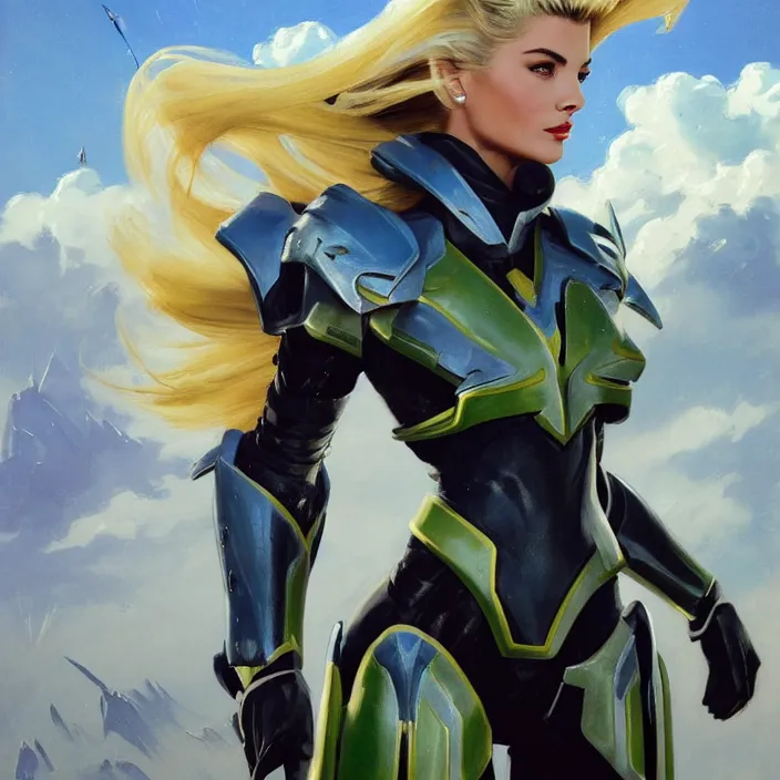 Image similar to A combination of Adriana Dxim's and Grace Kelly's and Ashley Greene's appearances with blonde hair wearing Interceptor's armor from Anthem, countryside, calm, fantasy character portrait, dynamic pose, above view, sunny day, thunder clouds in the sky, artwork by Jeremy Lipkin and Giuseppe Dangelico Pino and Michael Garmash and Rob Rey and Greg Manchess and Huang Guangjian, very coherent asymmetrical artwork, sharp edges, perfect face, simple form, 100mm