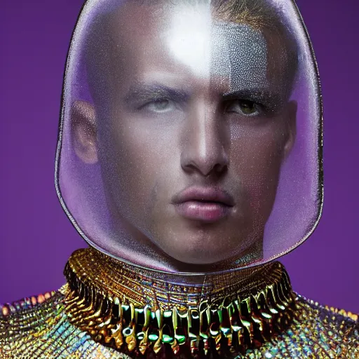 Prompt: a portrait of a beautiful young morrocan male wearing an alexander mcqueen armor made of iridiscent translucent plastic , photographed by andrew thomas huang, artistic