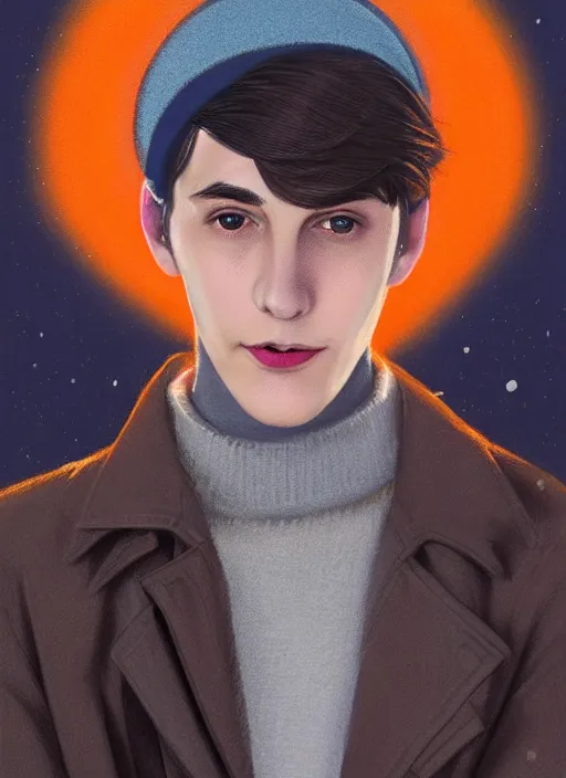 Image similar to portrait of teenage jughead jones wearing a light grey crown, crown, blue turtleneck, 1 9 5 0 s, closed eyes, photorealistic, black hair, glowing lighting, intricate, elegant, glowing lights, highly detailed, digital painting, artstation, concept art, smooth, sharp focus, illustration, art by wlop, mars ravelo and greg rutkowski