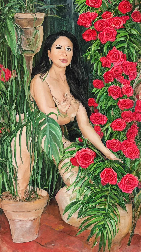 Image similar to rebekah delrio in a botanical room set near a persian pot of red roses and palm tree by narges shaeri