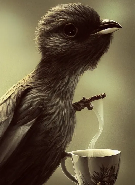 Image similar to a bird holds a cup of tea in its hands, hyperrealism, no blur, 4 k resolution, ultra detailed, style of tyler edlin, tom bagshaw, arthur rackham, ivan shishkin