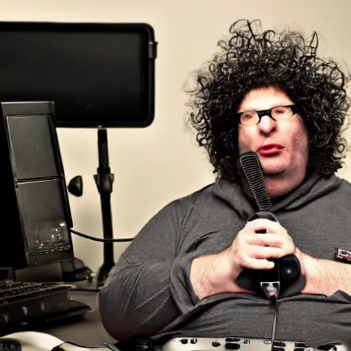 Prompt: obese Howard Stern wearing a headset yelling at his monitor while playing WoW highly detailed wide angle lens 10:9 aspect ration award winning photography by David Lynch esoteric erasure head