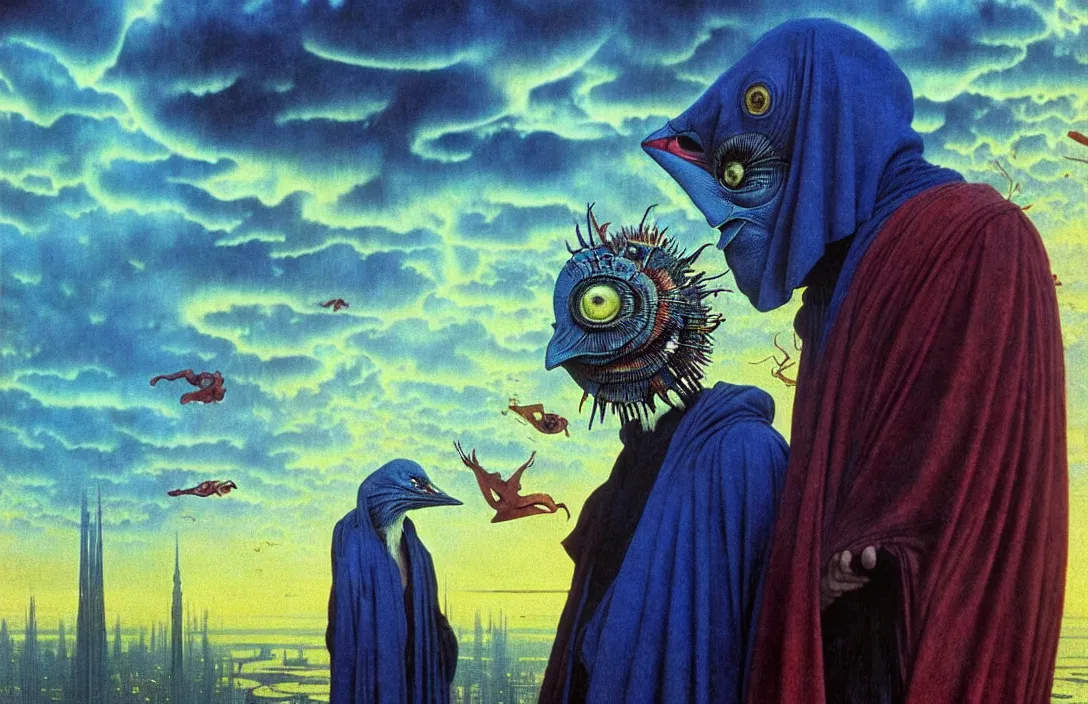 Image similar to realistic detailed portrait movie shot of a birdman wearing a dark robes, sci fi city landscape background by denis villeneuve, amano, yves tanguy, alphonse mucha, ernst haeckel, max ernst, roger dean, masterpiece, rich moody colours, dog teeth, blue eyes, sunset