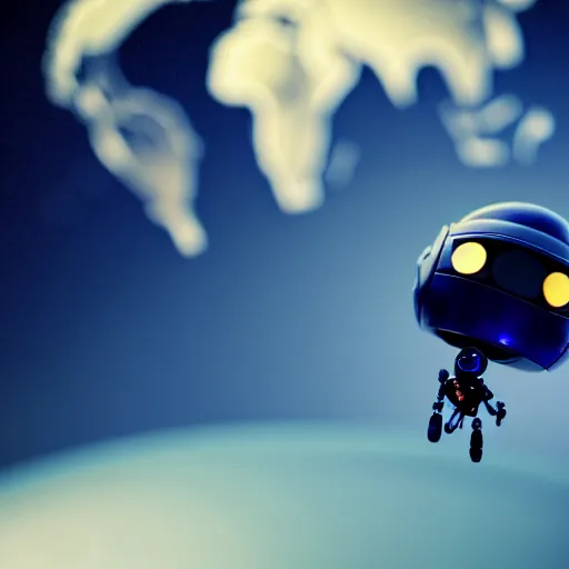 Image similar to a little cute robot flies around the earth. super realistic 8 k render of a dark hooded powerful elegant, cinematic composition