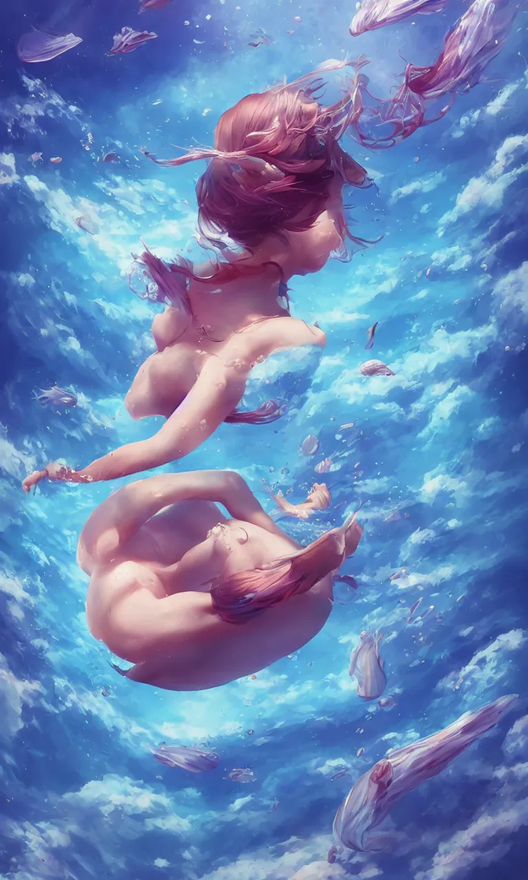 Prompt: a mix between a woman and a fish, diving in the air rounded by jelly clouds made by Stanley Artgerm Lau, WLOP, Rossdraws, ArtStation, CGSociety, concept art, cgsociety, octane render, trending on artstation, artstationHD, artstationHQ, unreal engine, 4k, 8k,