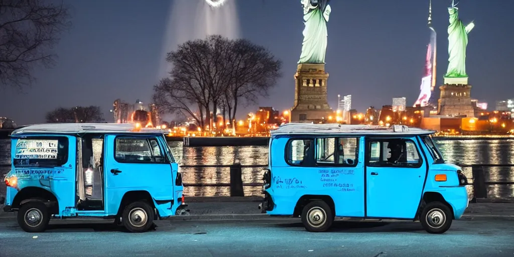 Image similar to a blue tuk tuk with the statue of liberty in the background, night