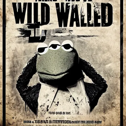 Prompt: a walking dead style poster of Kermit the frog, serious, black and white, dirtied with mud stains, looks like an old wild west wanted poster, realistic