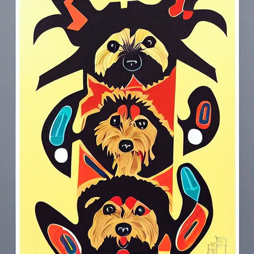 Prompt: tlingit haida lithographic, havanese dog, abstract lithograph print by nathan jackson and tristan - wolf and maynard johnny jr.