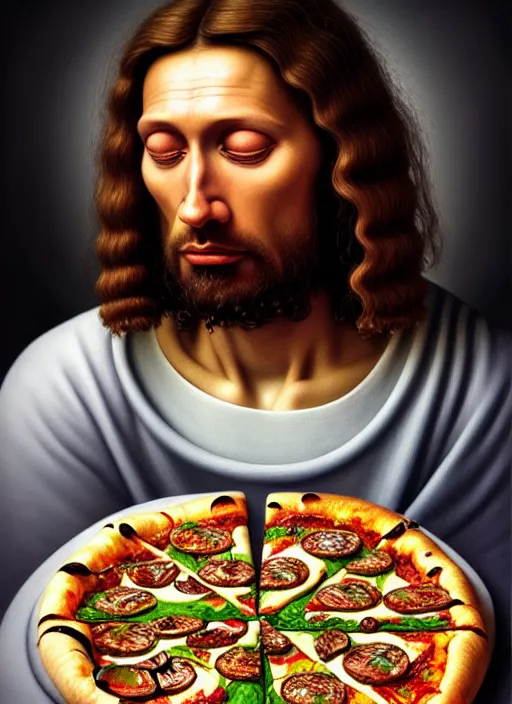 Image similar to hyper detailed 3d render like an Oil painting - Portrait of Jesus Christ eating pizza by Jacek Yerka, Mariusz Lewandowski, Houdini algorithmic generative render, Abstract brush strokes, Masterpiece, Edward Hopper and James Gilleard, Zdzislaw Beksinski, Mark Ryden, Wolfgang Lettl, hints of Yayoi Kasuma, octane render, 8k