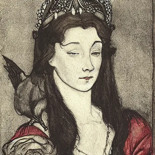 Image similar to Anne Boleyn growing bird wings and a beak, she is sad, style of Arthur Rackham