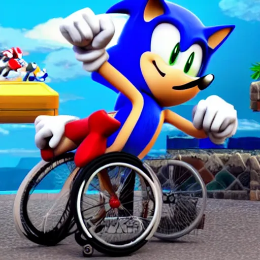 Image similar to geriatric sonic the hedgehog in a wheelchair, Sega video game