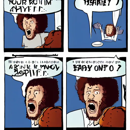 Prompt: angry bob ross screaming at laptop comic strip