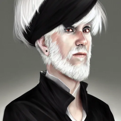 Prompt: a portrait of a white haired parted through the middle young asian man, hyperdetailed black sclera eyes, wearing white kimono with black shirt underneath, D&D, sci-fi, elegant, hopeful, highly detailed, digital painting, artstation, concept art, smooth, sharp focus, illustration