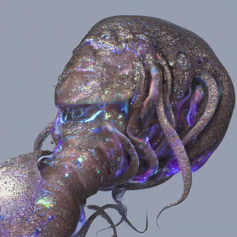 Image similar to octane render portrait by wayne barlow and carlo crivelli and glenn fabry, a deep ocean mariana trench fish squid octopus jellyfish creature made out inflated clear iridescent plastic and bioluminescence, cinema 4 d, ray traced lighting, very short depth of field, bokeh