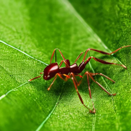 Prompt: cybernetic ant on a green leaf, macro photography, 8 k, cinematic lighting, shallow depth of field,