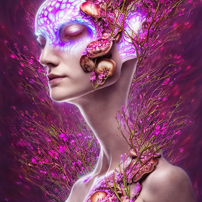 Image similar to extremely psychedelic organic cyborg made of orchid and cherry blossom tree and mushroom, LSD, diffuse lighting, fantasy, intricate, elegant, highly detailed, lifelike, photorealistic, digital painting, artstation, illustration, concept art, smooth, sharp focus, art by John Collier and Albert Aublet and Krenz Cushart and Artem Demura and Alphonse Mucha