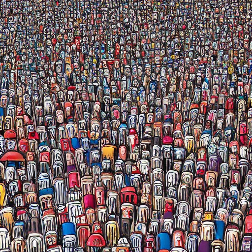 Prompt: a highly detailed Where's Waldo? drawing of a busy city, many people, high density, traffic, city centre, many details, Where's Wally?, Waldo, complex, by Martin Hendford