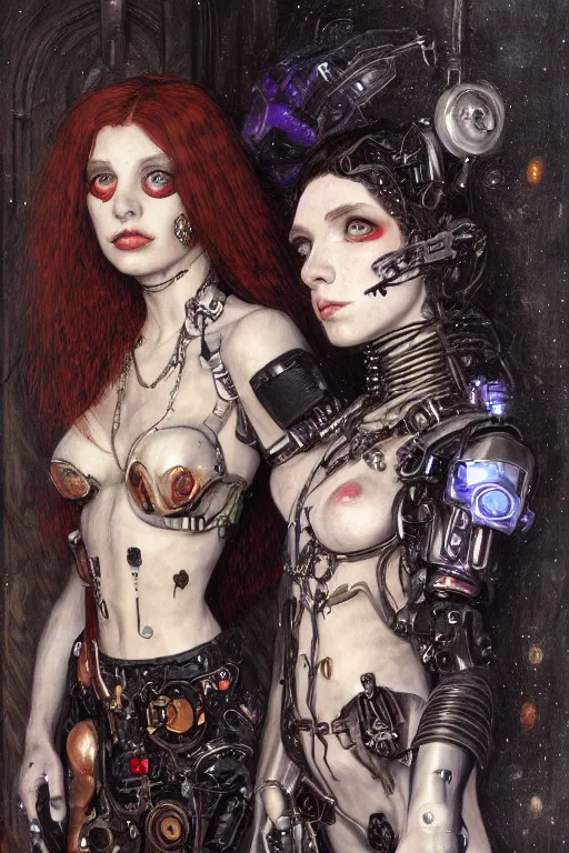 Image similar to portrait of two beautiful young gothic cyborg maidens, cyberpunk, Warhammer, kiss, highly detailed, artstation, illustration, art by Gustav Klimt