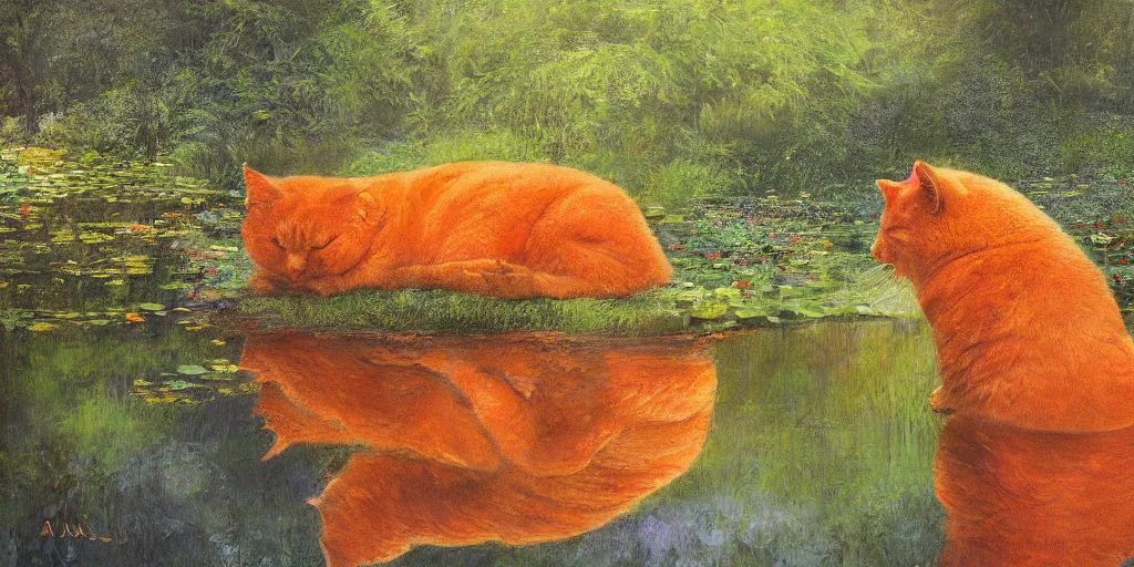 Prompt: a big fat orange cat near a mirror like pond, by alan lee, colorful clothing, springtime flowers and foliage in full bloom, lotus flowers on the water, dark foggy forest background, sunlight filtering through the trees, digital art, art station.