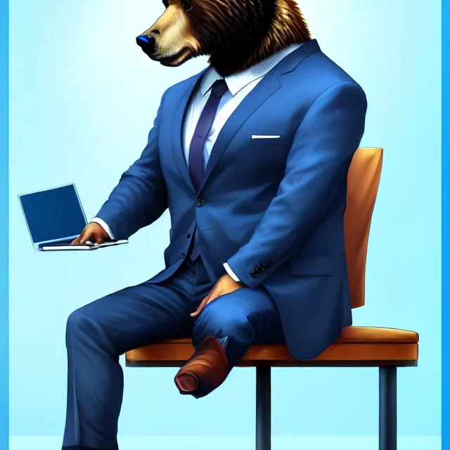 Prompt: epic professional digital art of a bear in a blue professional business suit, sitting at a desk,, best on artstation, cgsociety, wlop, Behance, pixiv, astonishing, impressive, outstanding, epic, cinematic, stunning, gorgeous, much detail, much wow,, masterpiece.